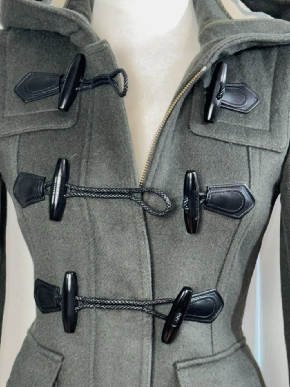 Burberry Olive Hooded Wool Toggle Pea Coat with Check Hood Lining - Picture 4 of 16